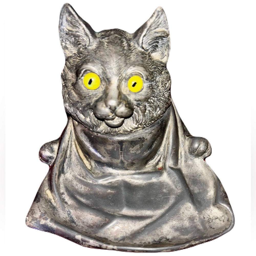 Rare Vintage cast-iron glass eye Cat Inkwell Only One listed Anywhere Online